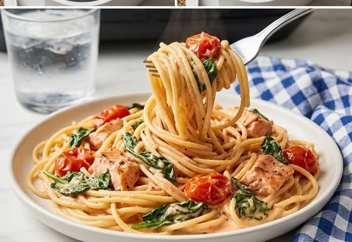 Cremige Tuscan-Lachs-Pasta mit frischen Zutaten und Sahnesoße