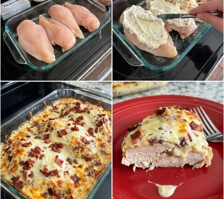 Cremiges Bacon-Käse-Hähnchen aus dem Ofen mit Käse und knusprigem Bacon