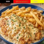 Cremiges Knoblauch-Hähnchen mit knusprigen Ofenpommes auf einem Teller serviert.