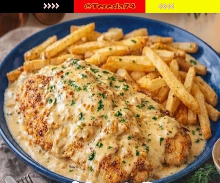 Cremiges Knoblauch-Hähnchen mit knusprigen Ofenpommes auf einem Teller serviert.