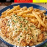 Cremiges Knoblauch-Hähnchen mit knusprigen Ofenpommes auf einem Teller