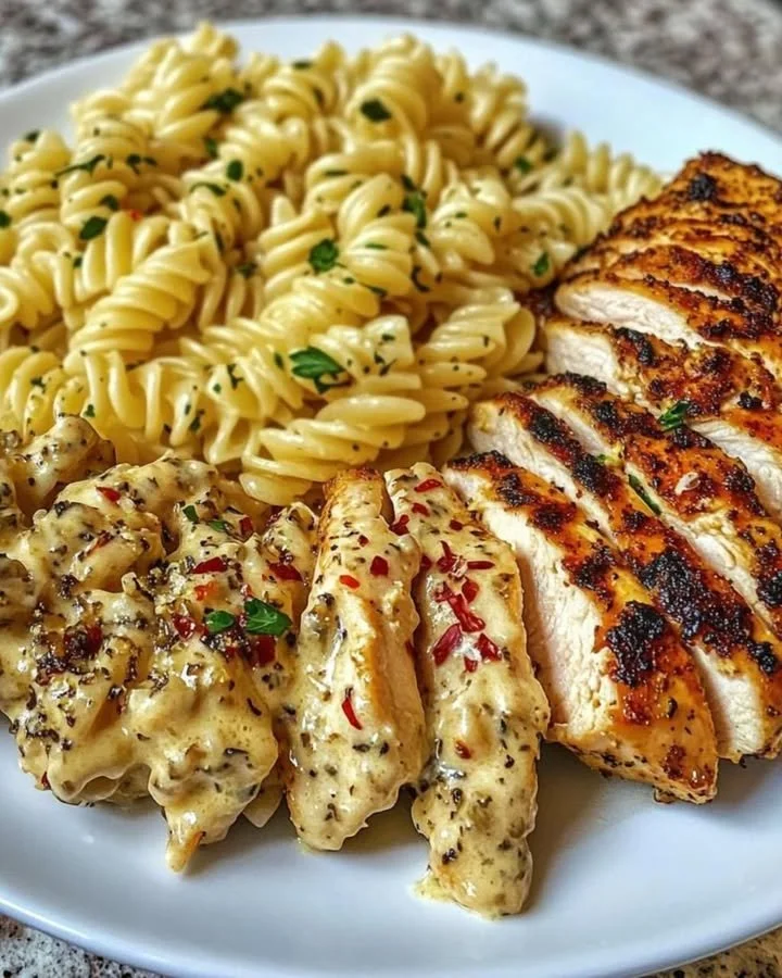Cremiges Knoblauch-Parmesan-Hähnchen mit Dreh-Pasta auf einem Teller serviert.