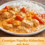 Cremiges Paprika-Hähnchen mit Reis auf einem Teller serviert