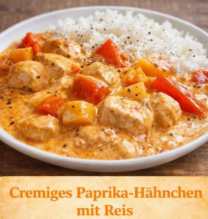 Cremiges Paprika-Hähnchen mit Reis auf einem Teller serviert