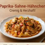 Cremiges Paprika-Sahne-Hähnchen auf einem Teller serviert
