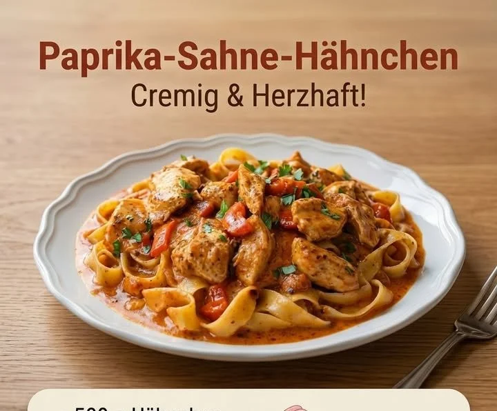 Cremiges Paprika-Sahne-Hähnchen auf einem Teller serviert