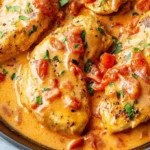 Cremiges Tomaten-Hähnchen mit köstlicher Sauce auf einem Teller serviert