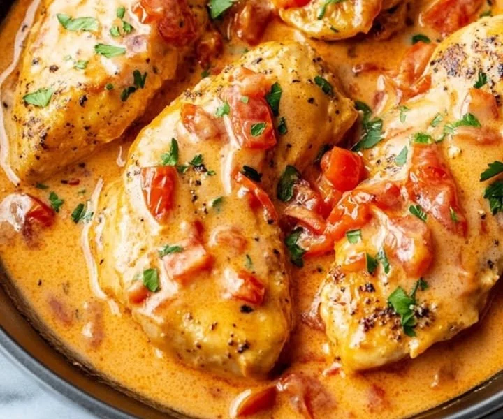Cremiges Tomaten-Hähnchen mit köstlicher Sauce auf einem Teller serviert