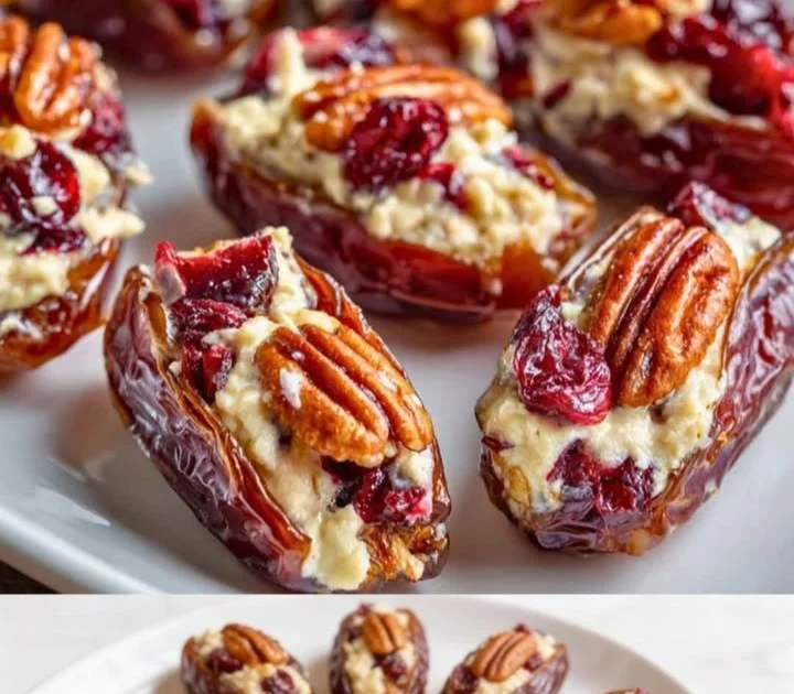 Datteln gefüllt mit cremigem Pekannuss-Frischkäse auf einem Teller