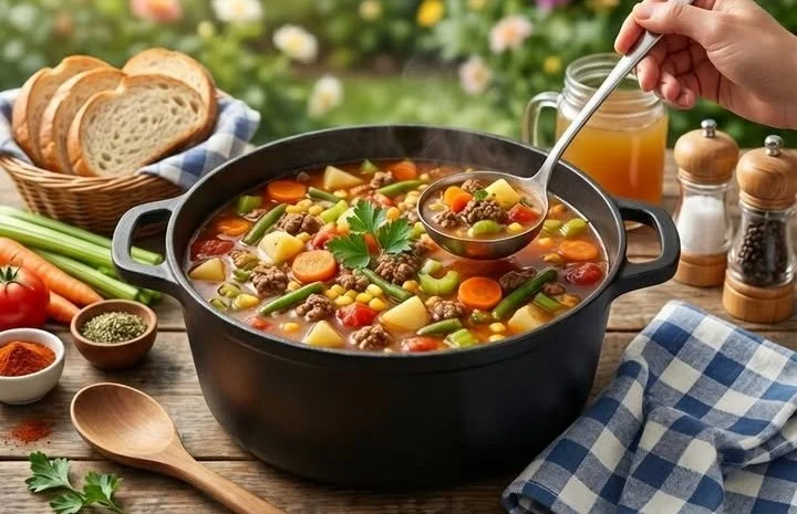 Schüssel mit deftiger Gemüse-Rindfleischsuppe, liebevoll garniert