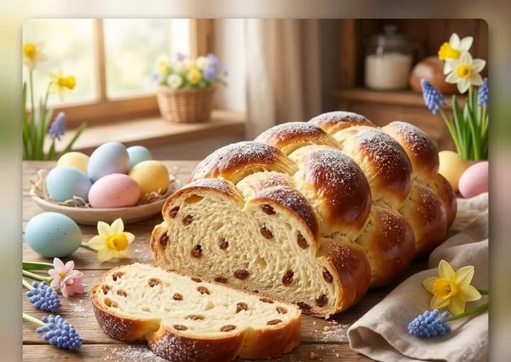 Frisch gebackenes Osterbrot auf einem Tisch mit bunten Ostereiern
