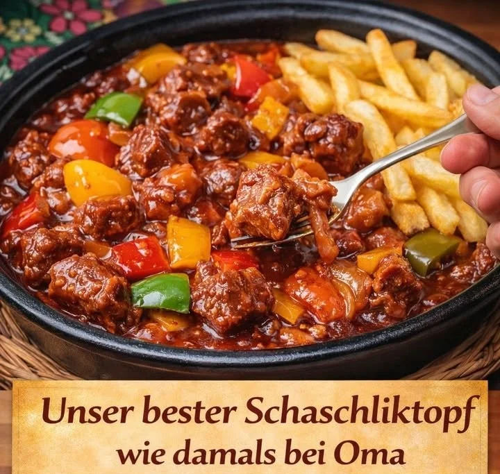 Ein traditioneller Schaschliktopf mit köstlichen Schaschlik-Spießen im Retro-Design.