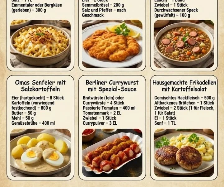 Deutsche Hausmannskost mit klassischen Gerichten wie bei Oma zubereitet.