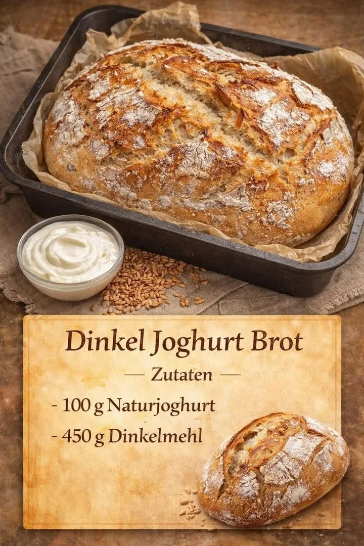 Frisch gebackenes Dinkel-Joghurt-Brot auf einem Holztisch.