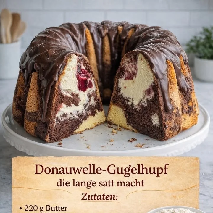 Donauwellen-Gugelhupf, saftig und klassisch, auf einem Teller serviert
