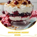 Engelscreme Dessert auf einem schönen Teller, verziert mit frischen Früchten