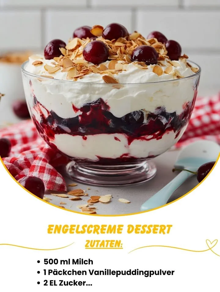 Engelscreme Dessert auf einem schönen Teller, verziert mit frischen Früchten