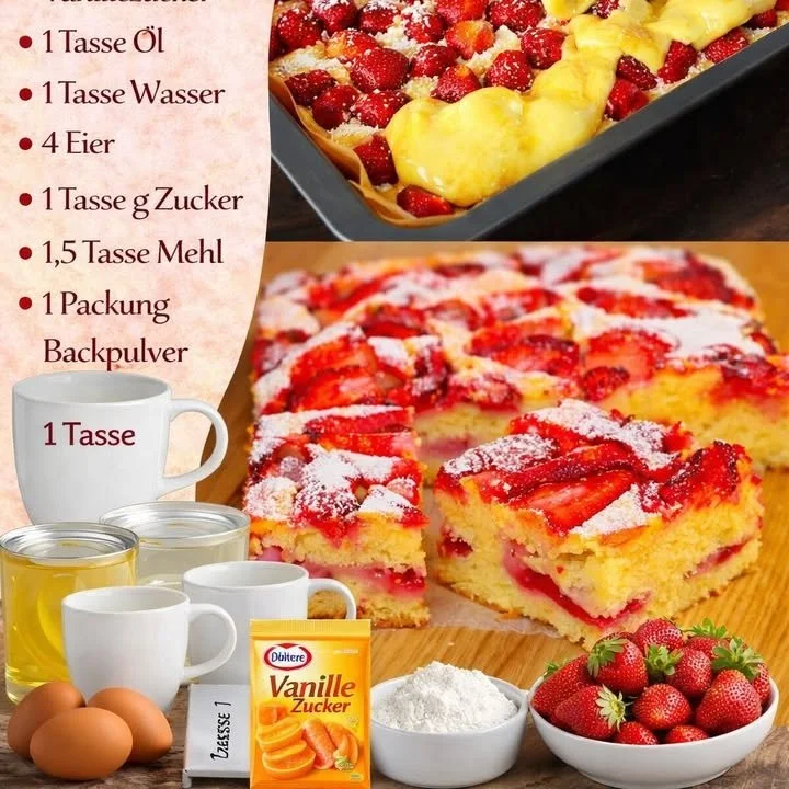 Erdbeer Biskuitkuchen mit frischen Erdbeeren und Sahne