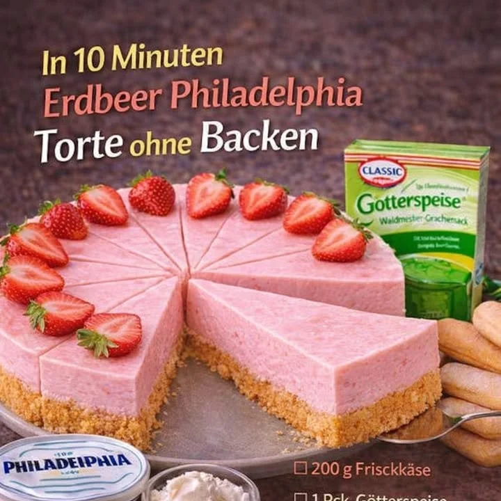 Erdbeer Philadelphia Torte ohne Backen, frisch und lecker serviert