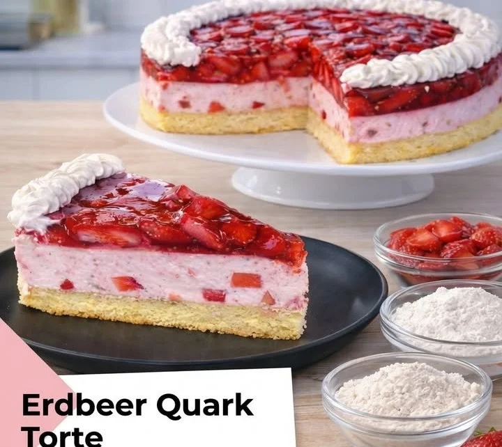 Erdbeer-Quark-Torte mit frischen Erdbeeren und Quarkcreme, dekoriert für ein Fest.