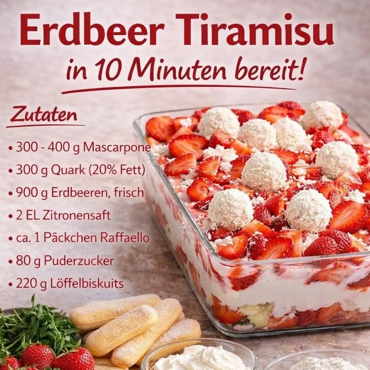 Erdbeer Raffaello Tiramisu Dessert mit frischen Erdbeeren und Raffaello-Kokosnüssen