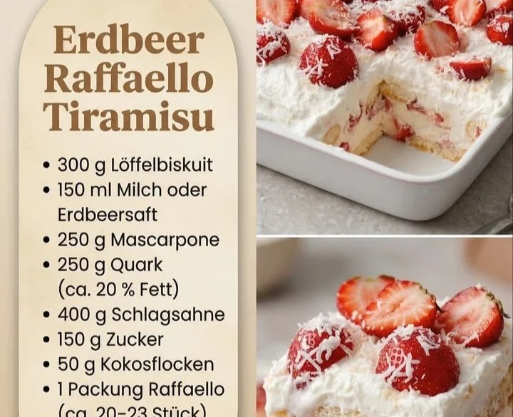 Erdbeer Raffaello Tiramisu mit frischen Erdbeeren und Raffaello-Kugeln