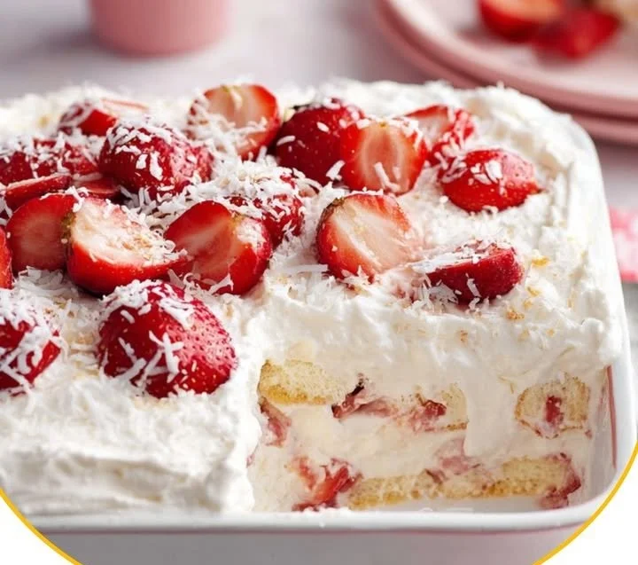 Leckeres Erdbeer Raffaello Tiramisu mit frischen Erdbeeren und cremigen Schichten