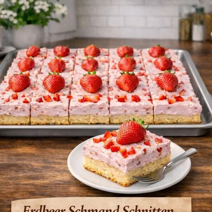 Leckere Erdbeer-Schmand-Schnitten auf einem Teller, ideal für jeden Anlass.