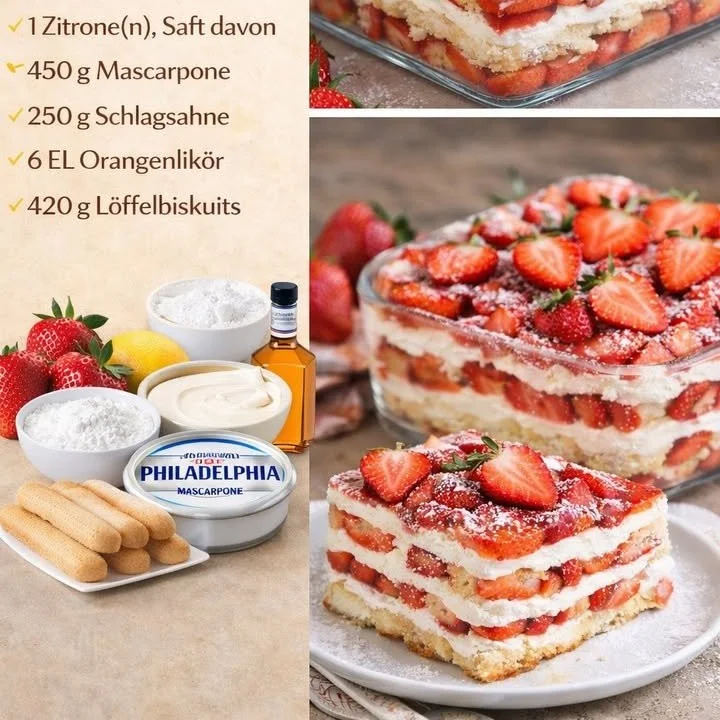 Leckeres Erdbeer Tiramisu mit saftigen Erdbeeren und cremoser Mascarpone-Schicht