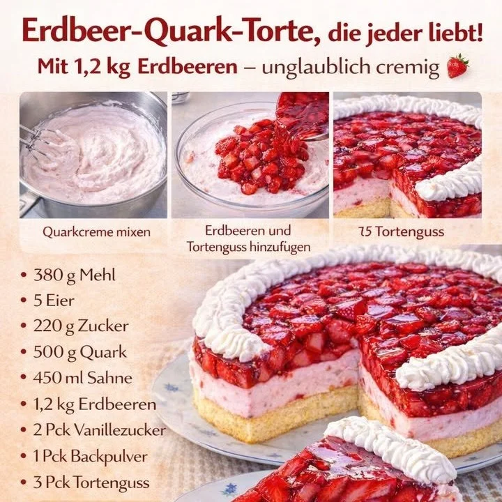 Leckerer Erdbeerkuchen mit frischen Erdbeeren und Sahne dekoriert
