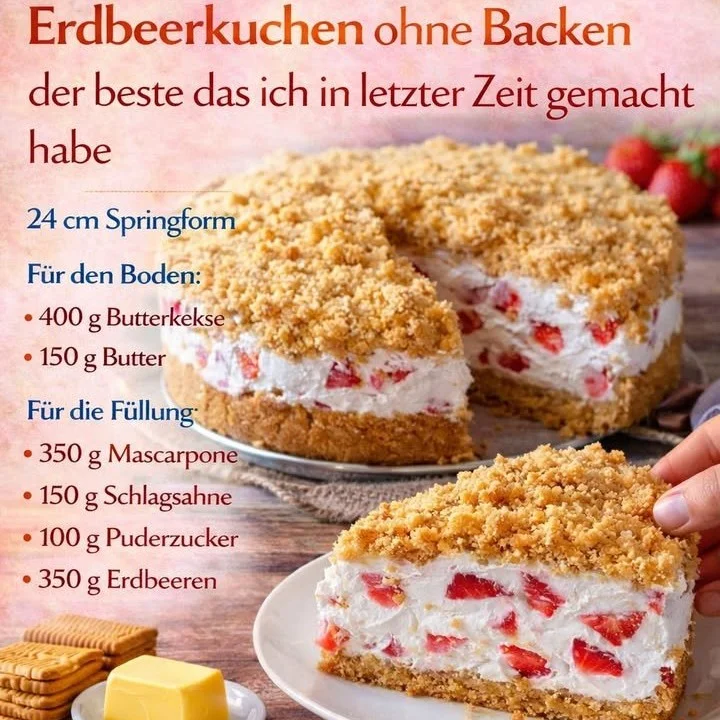 Erdbeerkuchen ohne Backen mit frischen Erdbeeren und Sahne