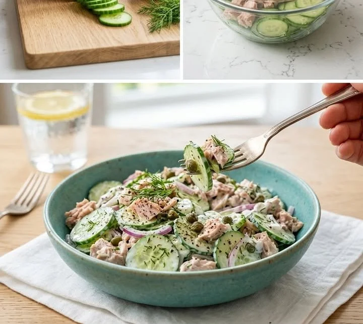 Erfrischender Thunfisch-Gurken-Salat mit frischen Zutaten präsentiert auf einem Teller.