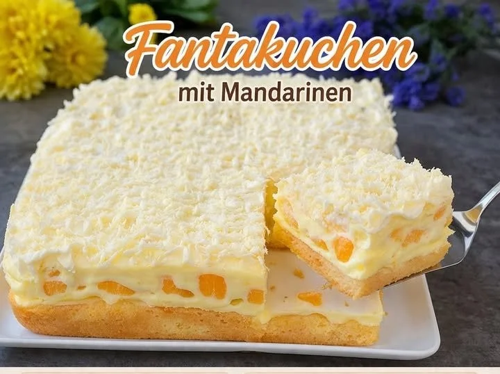 Fantakuchen mit Mandarinen auf einem Tisch serviert