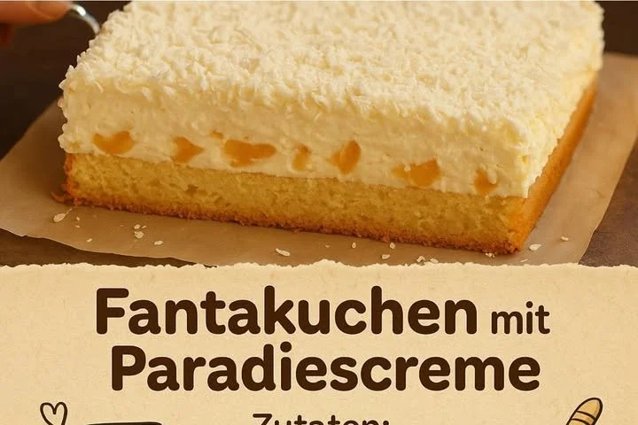 Fantakuchen mit Paradiescreme auf einem schönen Teller serviert