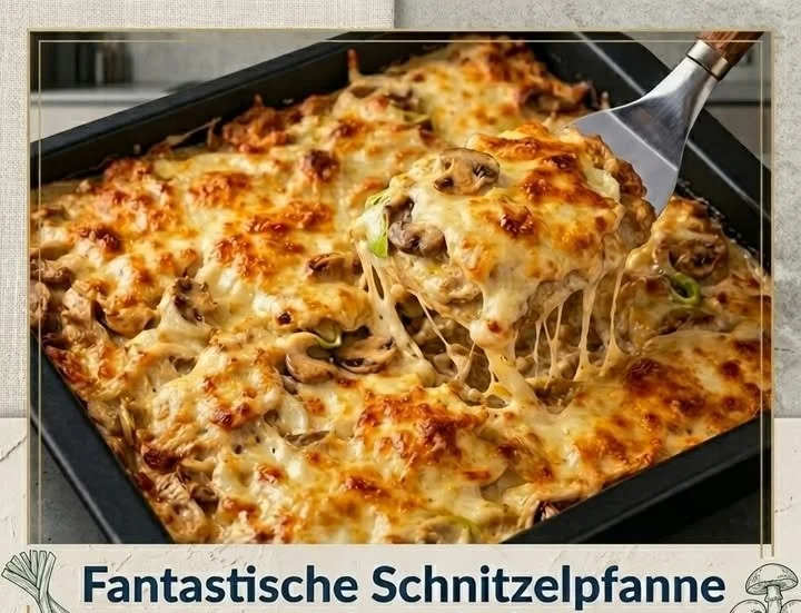 Fantastische Schnitzelpfanne in Schmandsoße serviert auf einem Teller