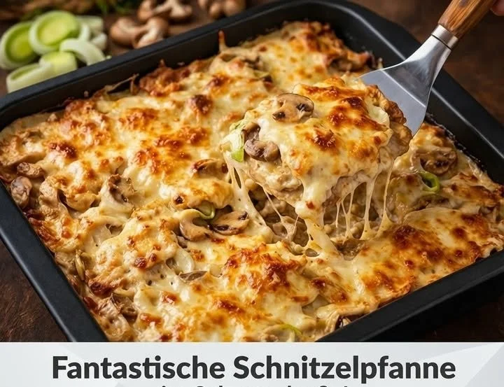 Schnitzelpfanne mit Schmandsoße, serviert auf einem Teller