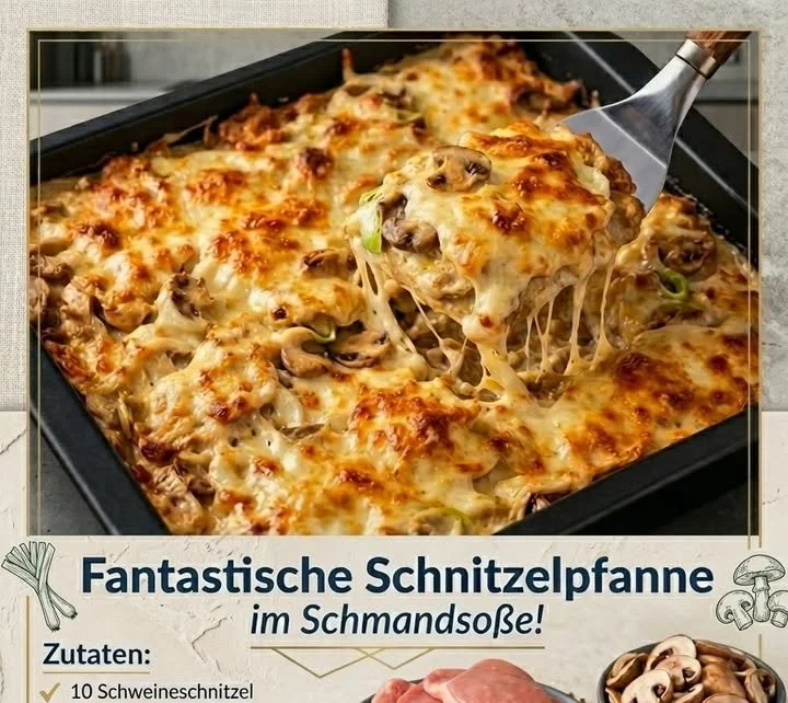 Fantastische Schnitzelpfanne in cremiger Schmandsoße serviert auf einem Teller