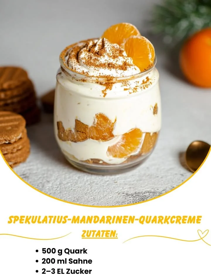 Festliche Spekulatius-Mandarinen-Quarkcreme in einer eleganten Schale serviert