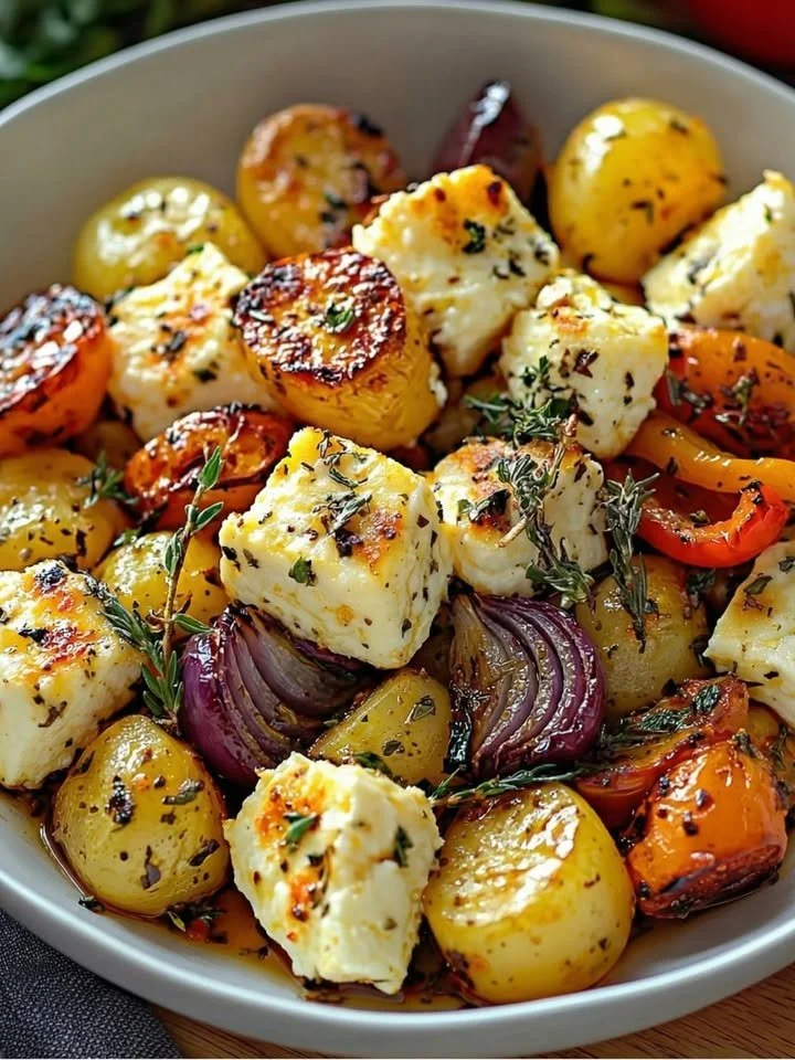 Feta-Kartoffeln mit buntem Ofengemüse auf einem Teller
