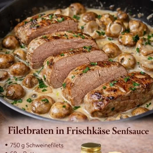 Filetbraten in einer cremigen Frischkäse-Senfsauce serviert auf einem Teller.