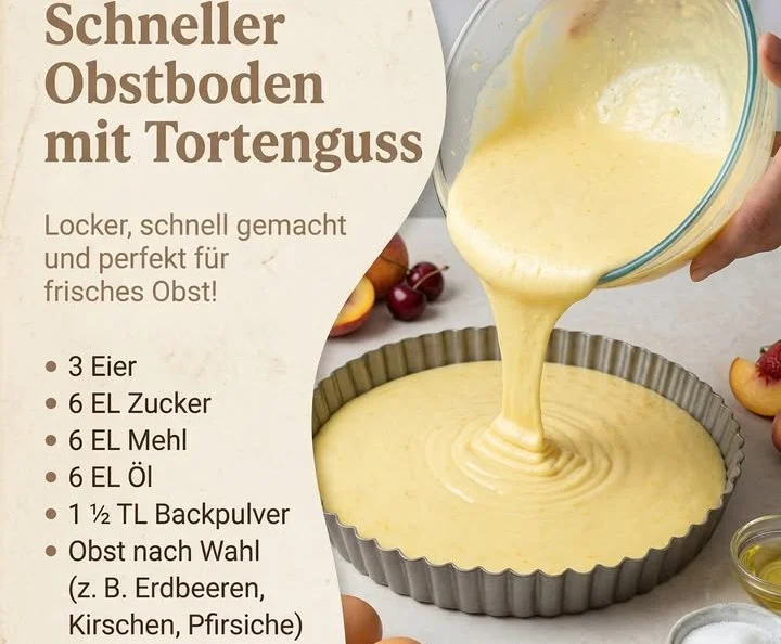 Flinker Früchtekuchen mit Götterspeise und frischen Früchten auf einem Teller