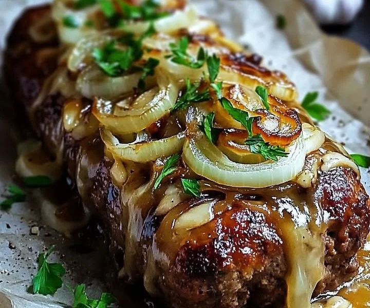 Französischer Zwiebelhackbraten mit Zwiebeln und Gewürzen auf einem Teller