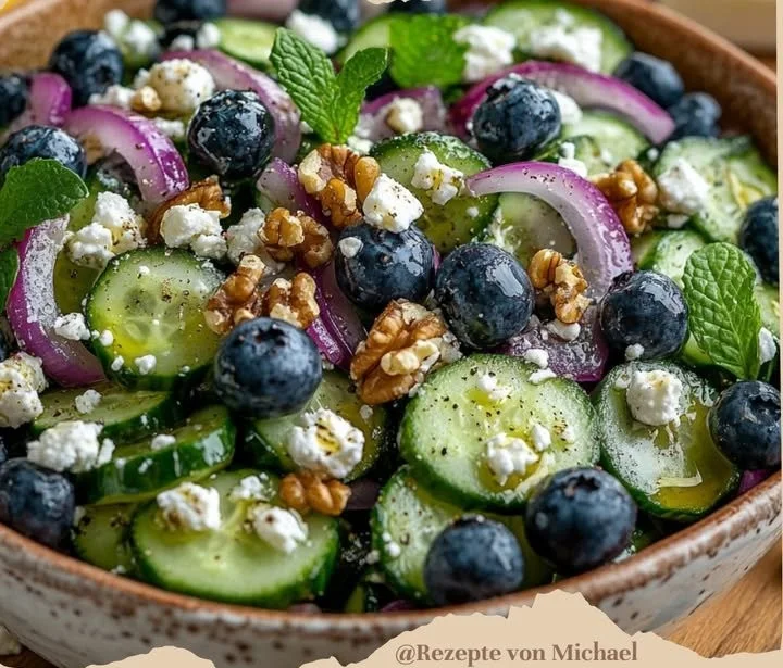 Frischer Gurken-Blaubeer-Salat mit knackigen Gurken und süßen Blaubeeren