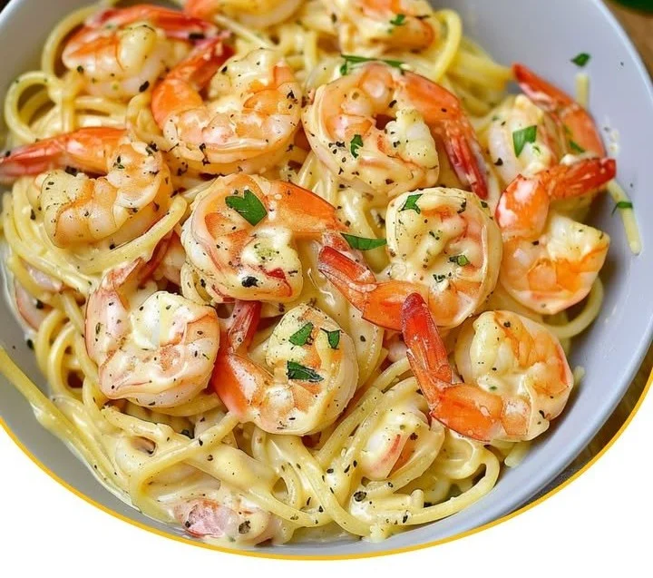 Garnelen-Spaghetti mit Knoblauch-Frischkäsesauce serviert in einer Schüssel