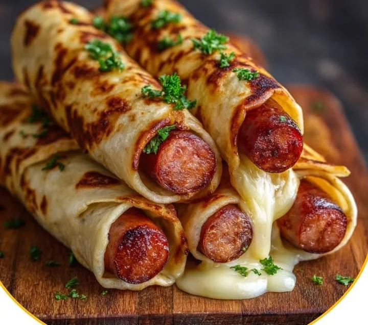 Gebackene Hot Dogs im Tortilla-Teig auf einem Holzbrett serviert