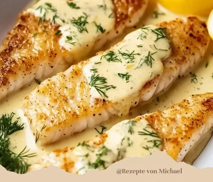 Leckerer gebackener Fisch mit Zitronen-Cremesauce auf einem Teller serviert