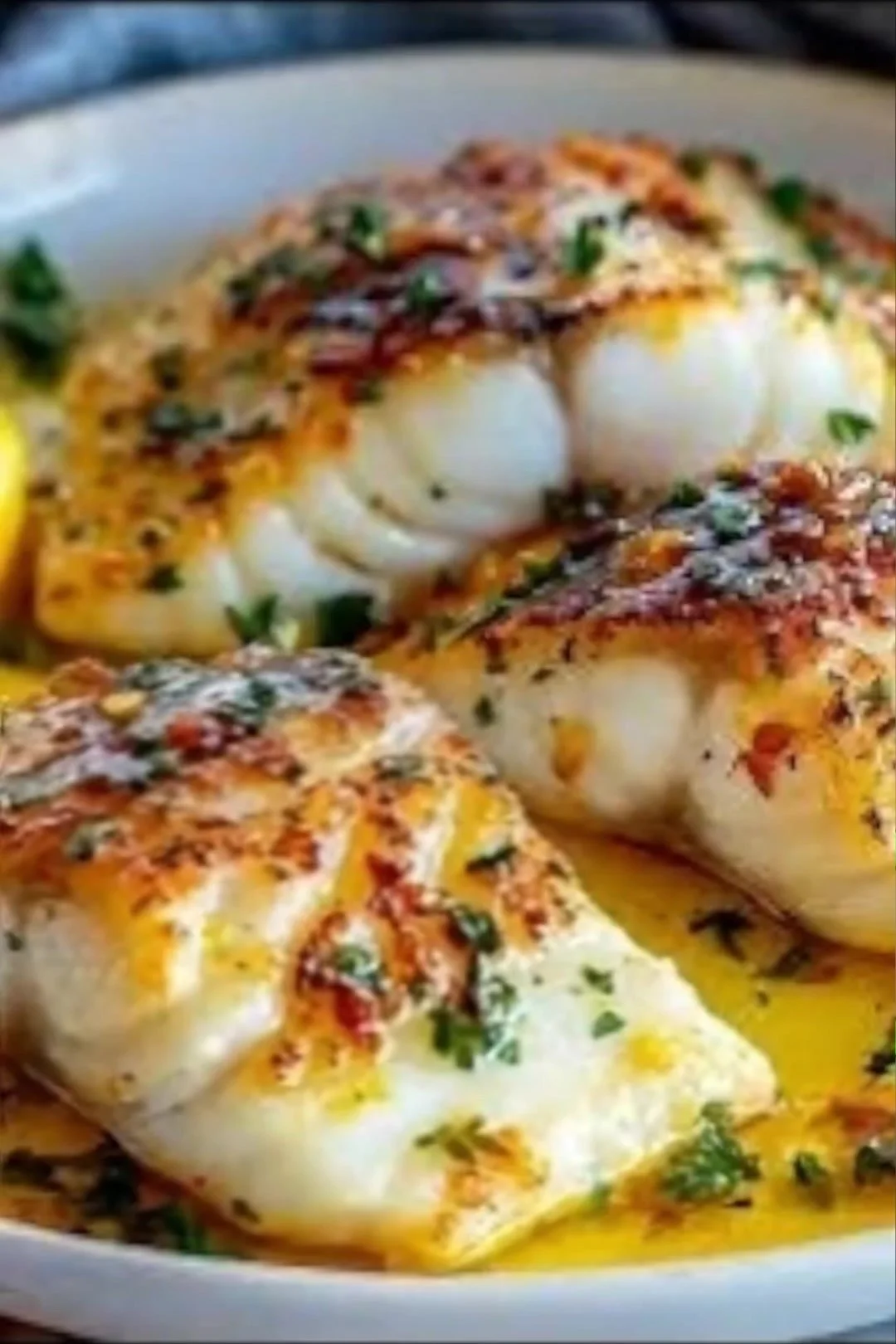 Gebackener Kabeljau mit Senf-Zitronencreme auf einem Teller serviert