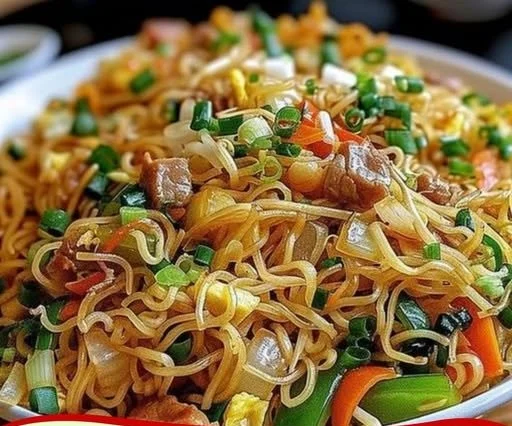 Leckere gebratene Nudeln mit frischem Gemüse und Sojasauce