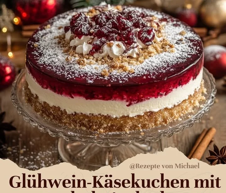 Leckerer Glühwein-Käsekuchen mit Spekulatiusboden auf einem Teller