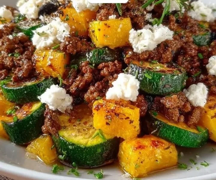 Griechische Hackfleischpfanne mit frischem Gemüse und Feta-Käse angerichtet.